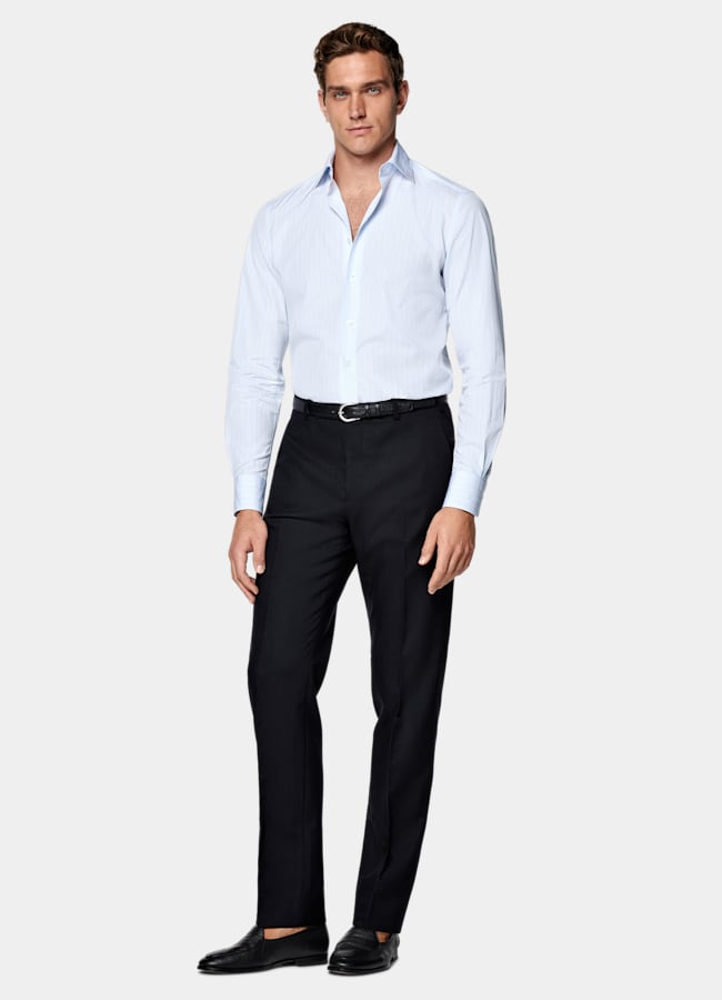 SUITSUPPLY Egyptian Cotton by Albini, Italy Light Blue Striped Widespread Collar Shirt