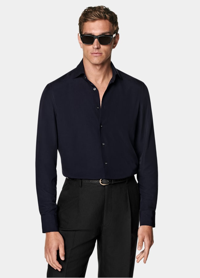 SUITSUPPLY Lyocell by Albini, Italy Navy Widespread Collar Shirt