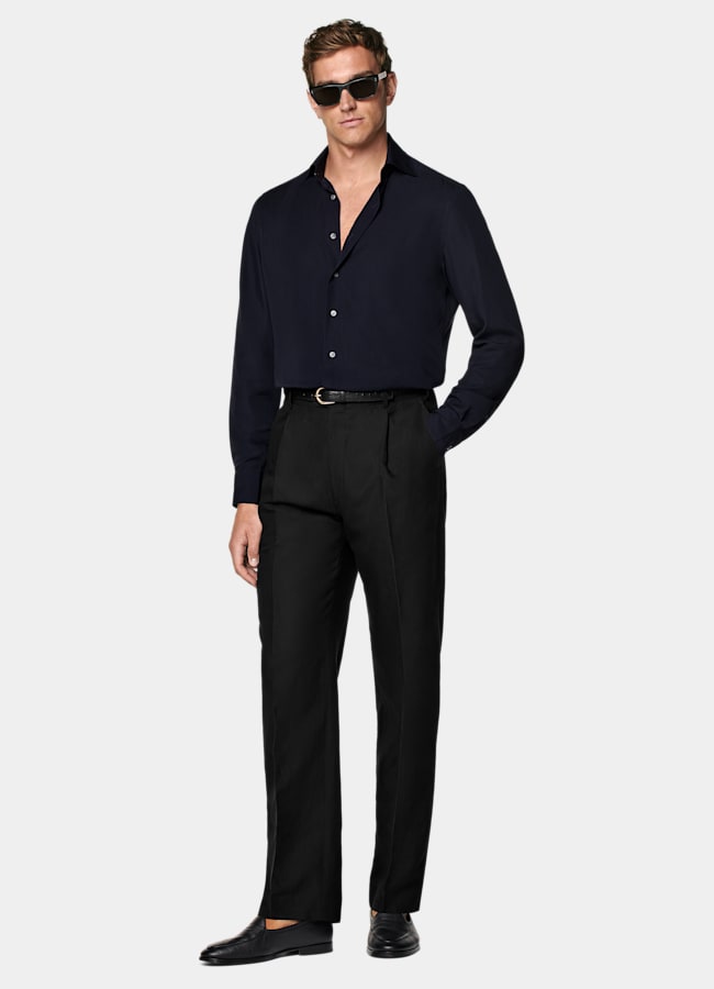 SUITSUPPLY Lyocell by Albini, Italy Navy Widespread Collar Shirt