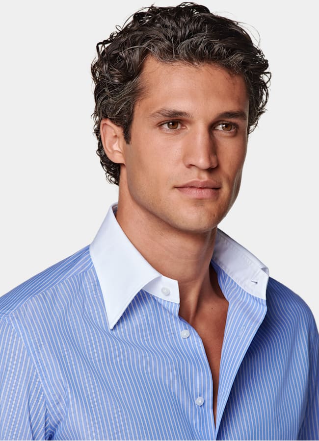 SUITSUPPLY Egyptian Cotton by Albini, Italy Light Blue Striped Point Collar Shirt
