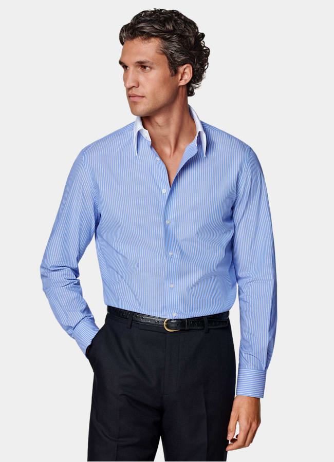 SUITSUPPLY Egyptian Cotton by Albini, Italy Light Blue Striped Point Collar Shirt