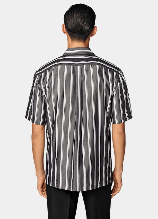 SUITSUPPLY Lyocell by Albini, Italy Black Striped Lyocell Short Sleeve Shirt