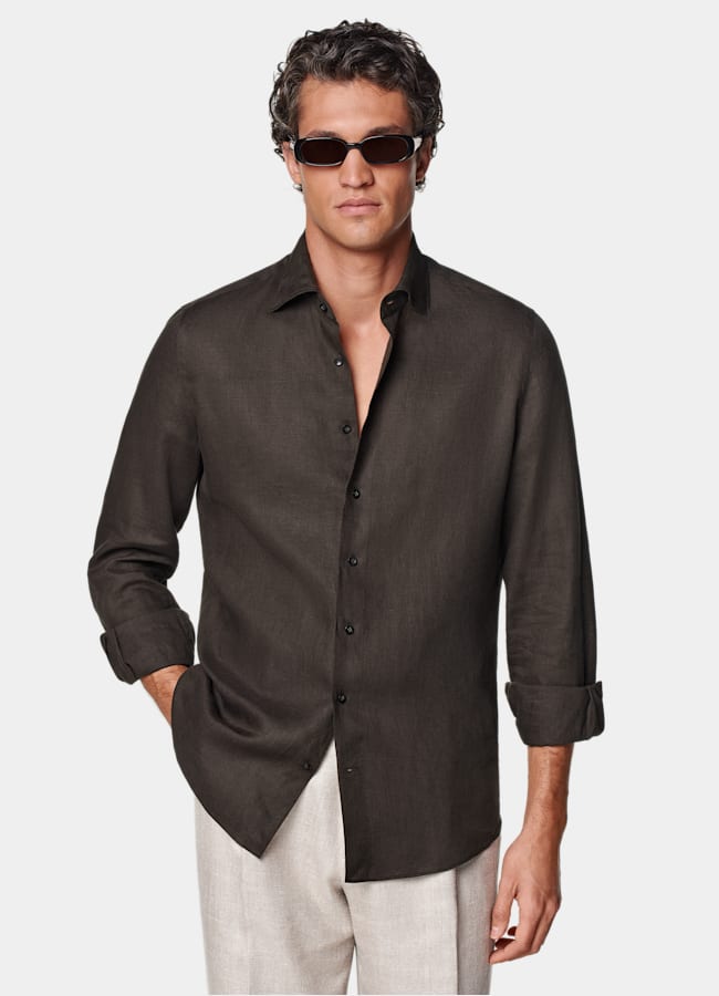 SUITSUPPLY Pure Linen by Albini, Italy Dark Brown Linen Shirt