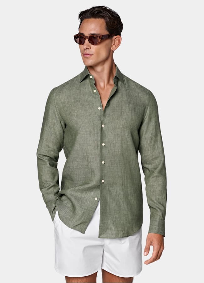 SUITSUPPLY Pure Linen by Albini, Italy Green Linen Shirt
