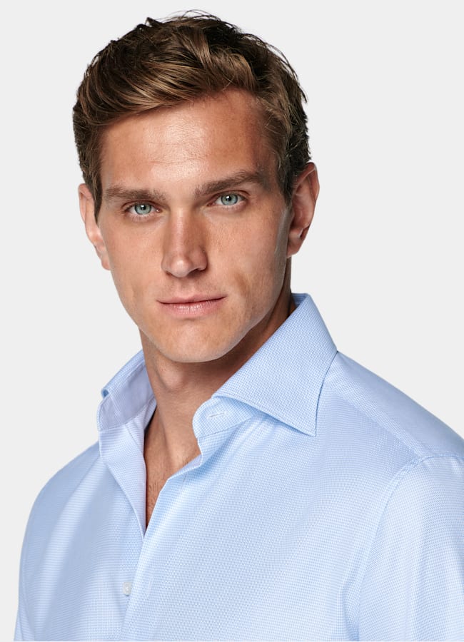 SUITSUPPLY Coton Pima sans repassage - Weba, Suisse Chemise bleu clair pied-de-poule à col évasé