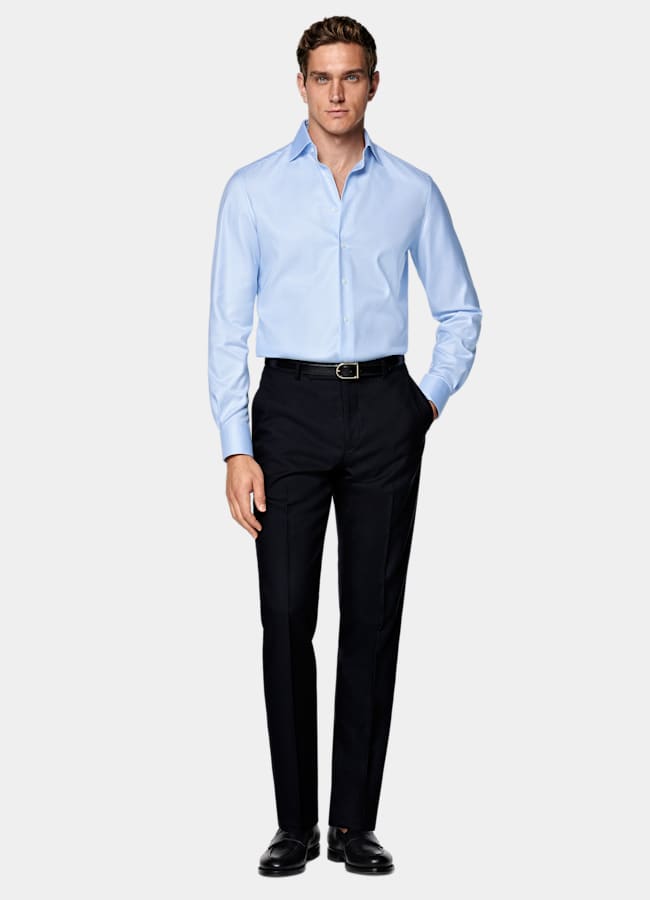 SUITSUPPLY Coton Pima sans repassage - Weba, Suisse Chemise bleu clair pied-de-poule à col évasé