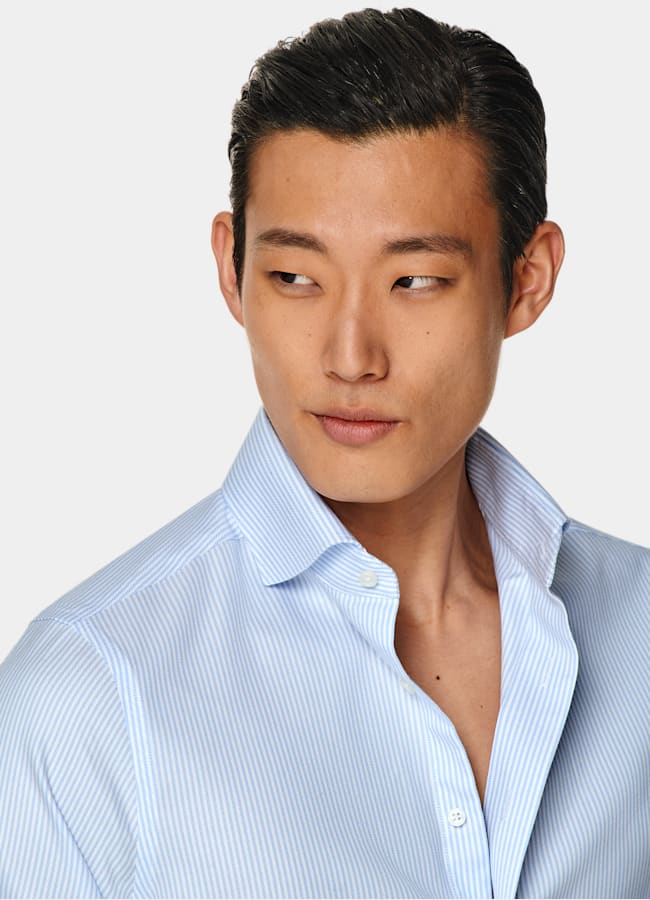 SUITSUPPLY Coton infroissable Chemise à col à revers rayée bleu clair