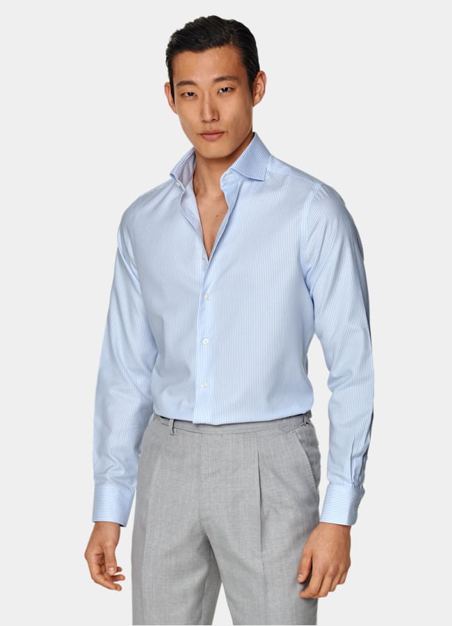 SUITSUPPLY Coton infroissable Chemise à col à revers rayée bleu clair