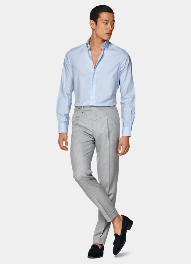 SUITSUPPLY Coton infroissable Chemise à col à revers rayée bleu clair