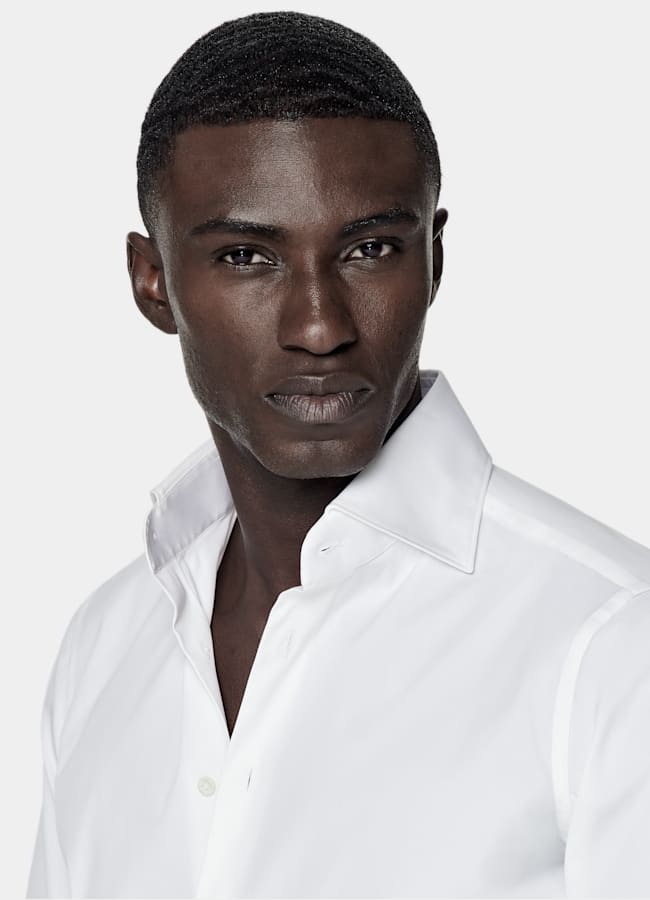 SUITSUPPLY Stretch Cotton Polyamide by Reggiani, Italy White Widespread Collar Shirt