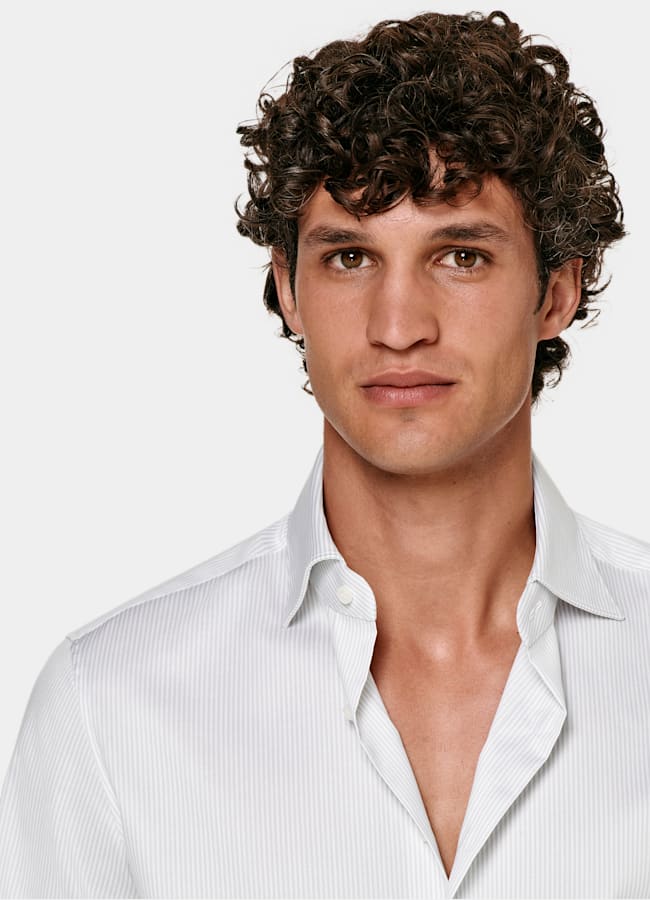 SUITSUPPLY Wrinkle-Free Pima Cotton by Weba, Switzerland Light Grey Striped Widespread Collar Shirt