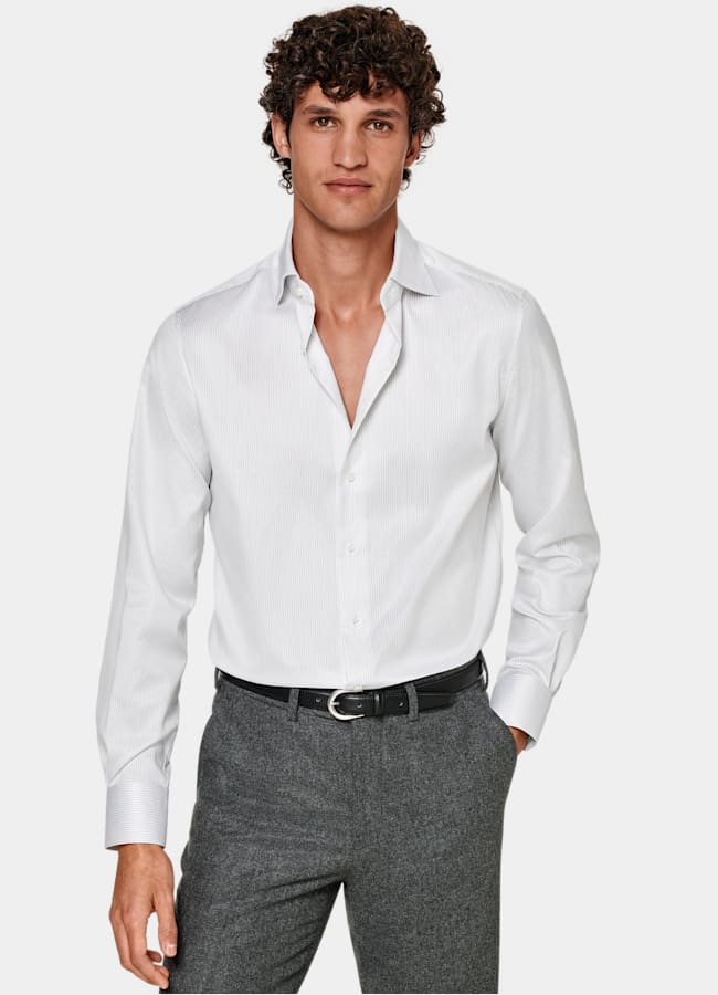 SUITSUPPLY Wrinkle-Free Pima Cotton by Weba, Switzerland Light Grey Striped Widespread Collar Shirt