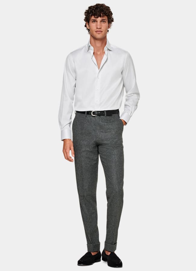 SUITSUPPLY Wrinkle-Free Pima Cotton by Weba, Switzerland Light Grey Striped Widespread Collar Shirt