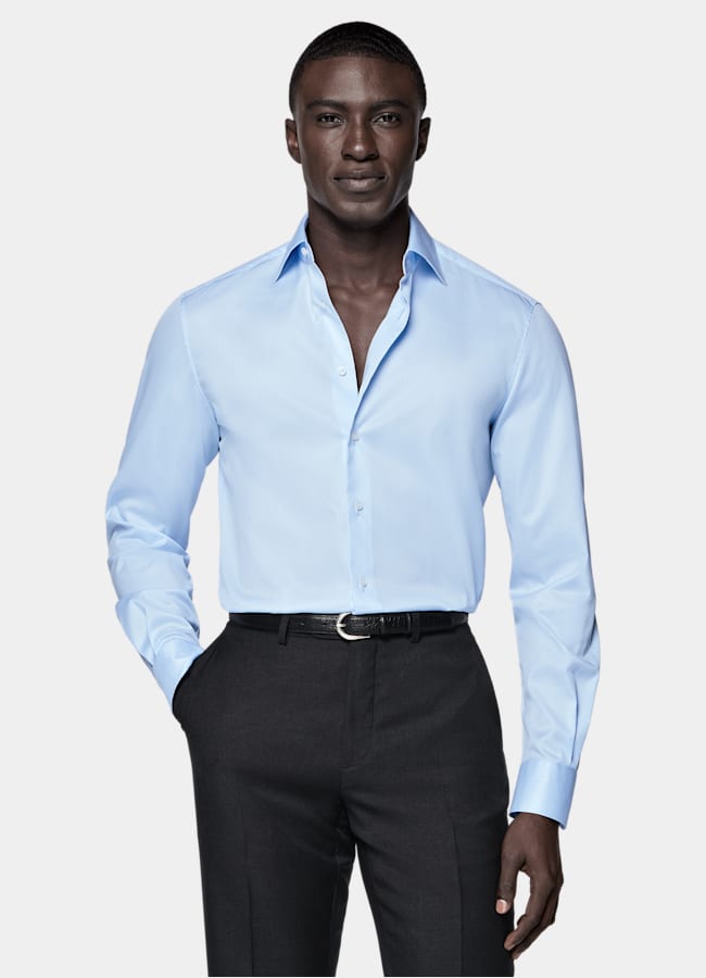 SUITSUPPLY Wrinkle-Free Pima Cotton by Weba, Switzerland Light Blue Widespread Collar Shirt