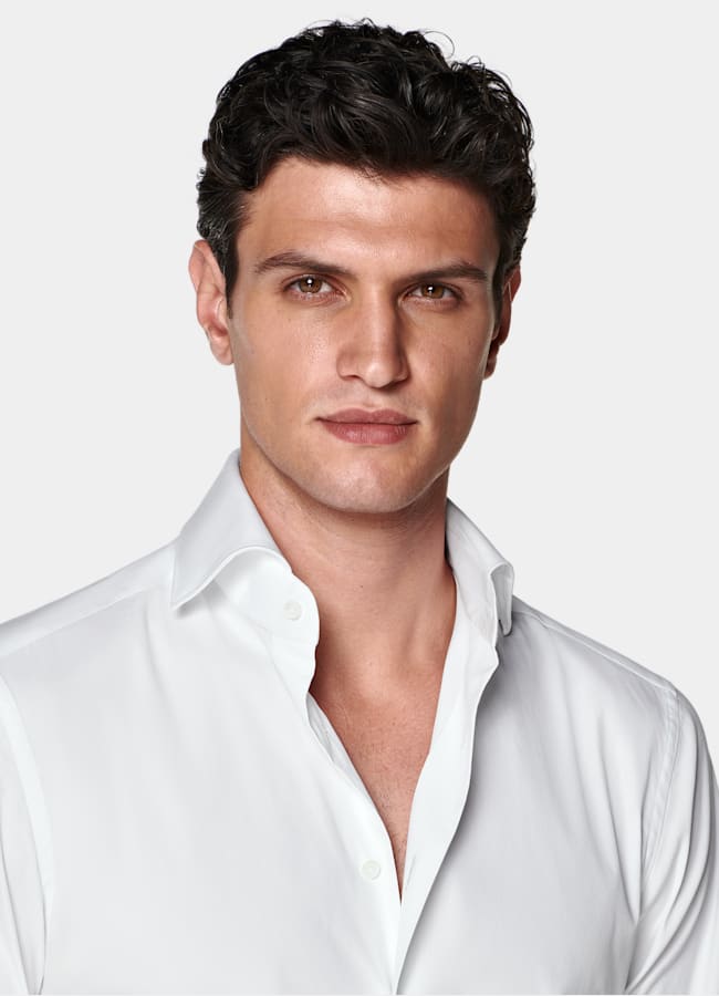 SUITSUPPLY Stretch Cotton Polyamide by Reggiani, Italy White Widespread Collar Shirt