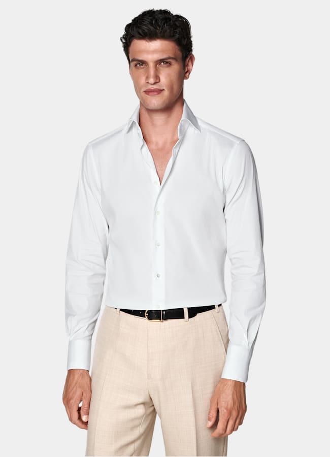 SUITSUPPLY Stretch Cotton Polyamide by Reggiani, Italy White Widespread Collar Shirt