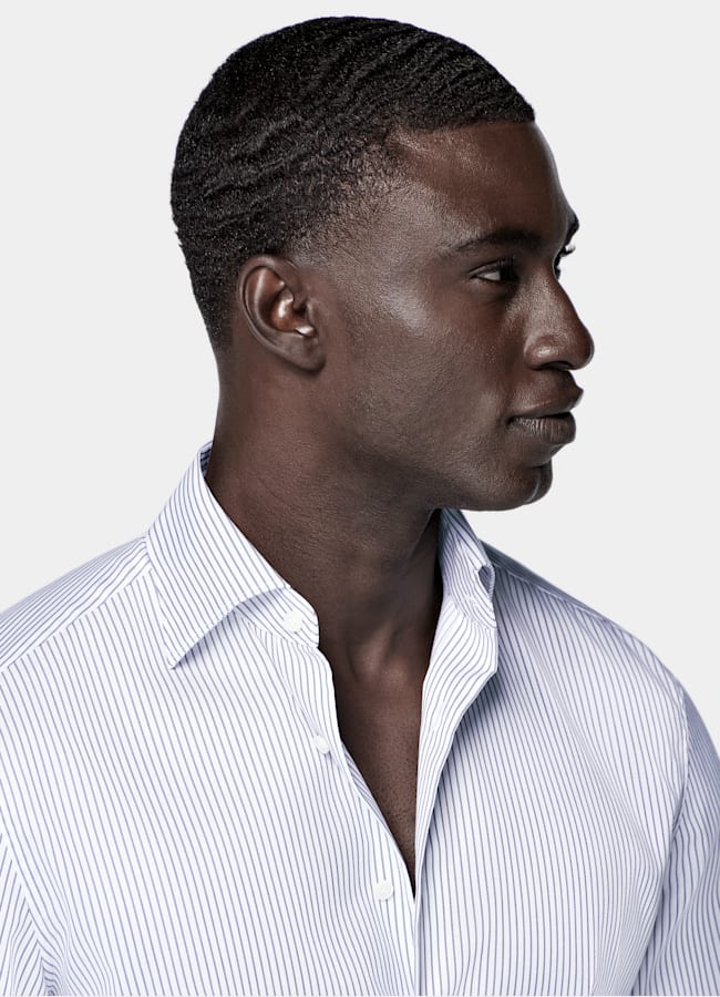 SUITSUPPLY Wrinkle-Free Pima Cotton by Weba, Switzerland Navy Striped Widespread Collar Shirt