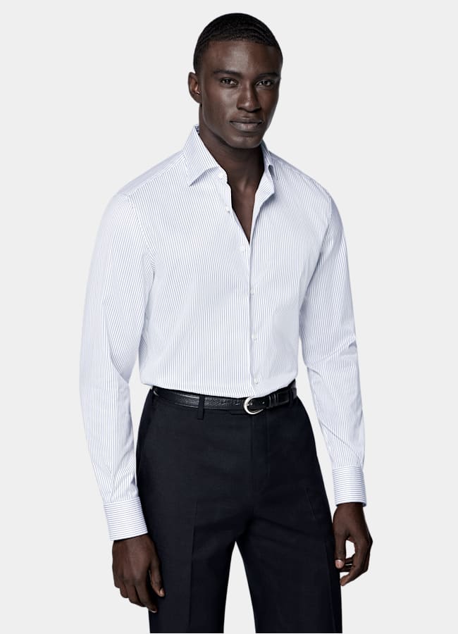 SUITSUPPLY Wrinkle-Free Pima Cotton by Weba, Switzerland Navy Striped Widespread Collar Shirt