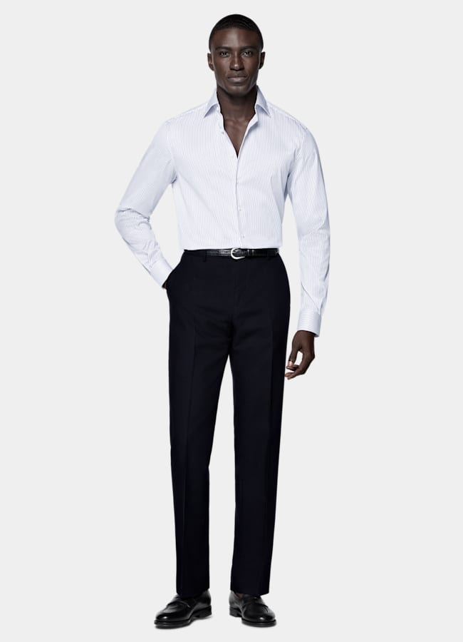 SUITSUPPLY Wrinkle-Free Pima Cotton by Weba, Switzerland Navy Striped Widespread Collar Shirt