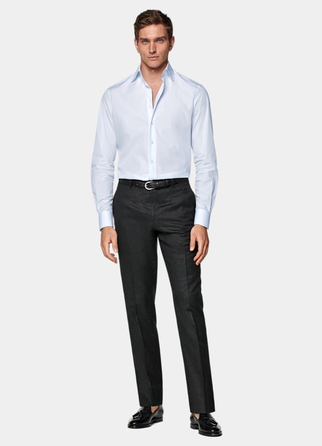 SUITSUPPLY Egyptian Cotton by Albini, Italy Light Blue Striped Widespread Collar Shirt