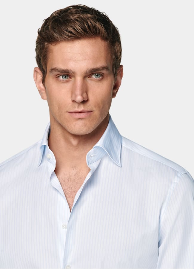 SUITSUPPLY Egyptian Cotton by Albini, Italy Light Blue Striped Widespread Collar Shirt