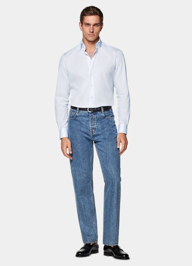 SUITSUPPLY Egyptian Cotton by Albini, Italy Light Blue Striped Widespread Collar Shirt