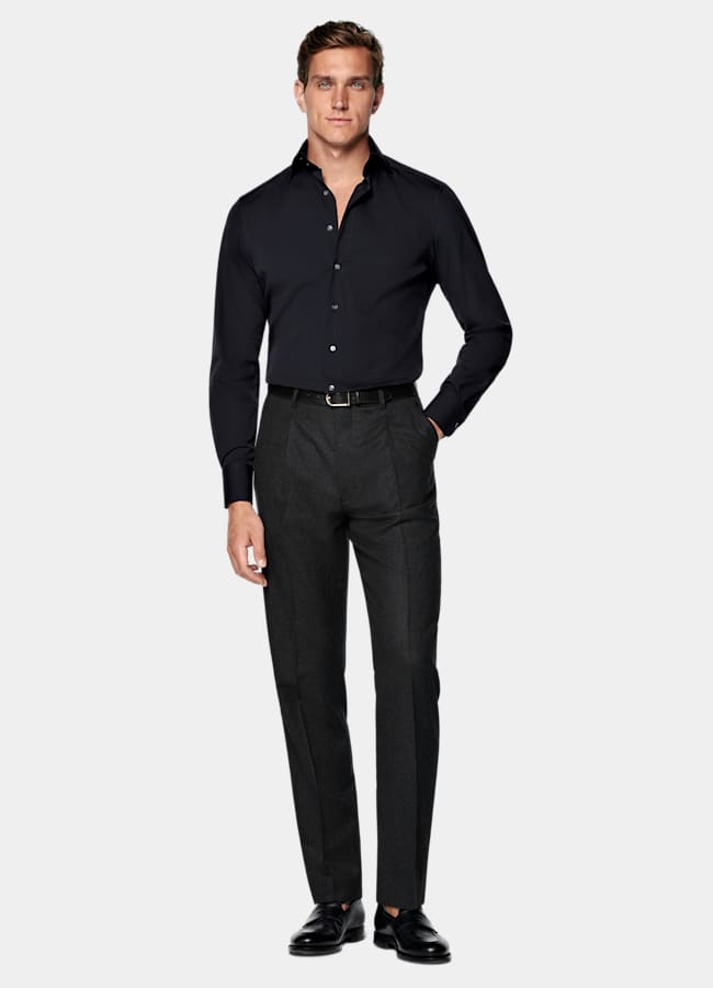 SUITSUPPLY Stretch Cotton Polyamide by Reggiani, Italy Navy Widespread Collar Shirt