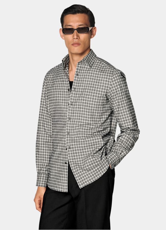 SUITSUPPLY Egyptian Cotton Flannel by Albiate, Italy Black Checked Cotton Flannel Shirt