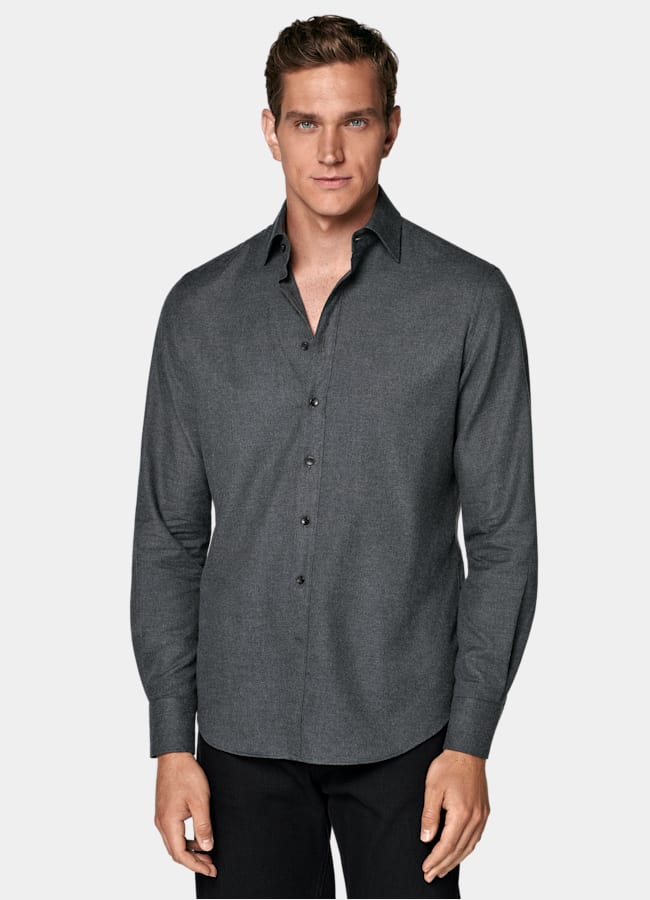 SUITSUPPLY Egyptian Cotton Flannel by Beste, Italy Dark Grey Cotton Flannel Shirt
