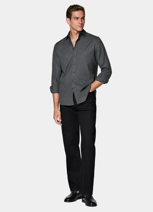 SUITSUPPLY Egyptian Cotton Flannel by Beste, Italy Dark Grey Cotton Flannel Shirt