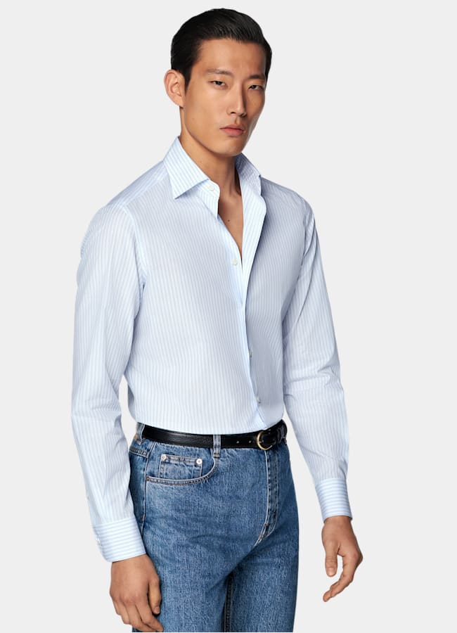 SUITSUPPLY Egyptian Cotton by Albini, Italy Light Blue Striped Widespread Collar Shirt