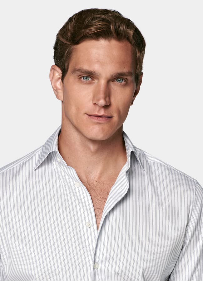 SUITSUPPLY Wrinkle-Free Pima Cotton by Weba, Switzerland Navy Striped Widespread Collar Shirt