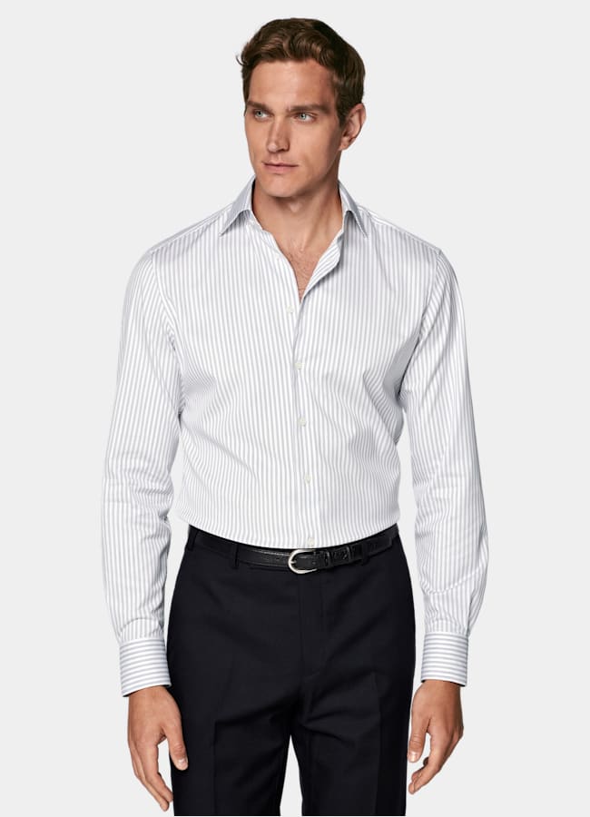 SUITSUPPLY Wrinkle-Free Pima Cotton by Weba, Switzerland Navy Striped Widespread Collar Shirt