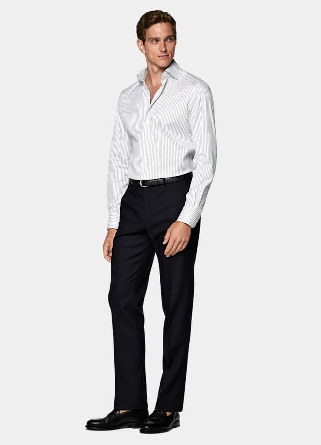 SUITSUPPLY Wrinkle-Free Pima Cotton by Weba, Switzerland Navy Striped Widespread Collar Shirt