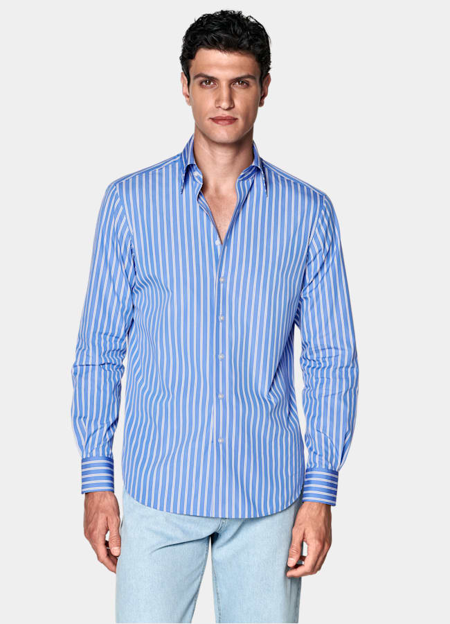 SUITSUPPLY Egyptian Cotton by Thomas Mason, Italy Blue Striped Point Collar Shirt