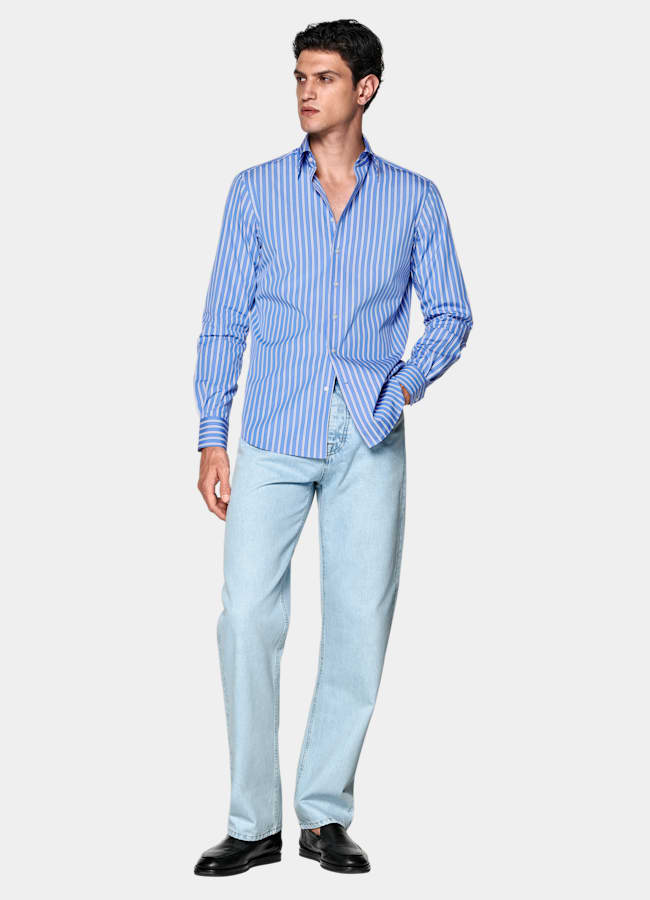 SUITSUPPLY Egyptian Cotton by Thomas Mason, Italy Blue Striped Point Collar Shirt