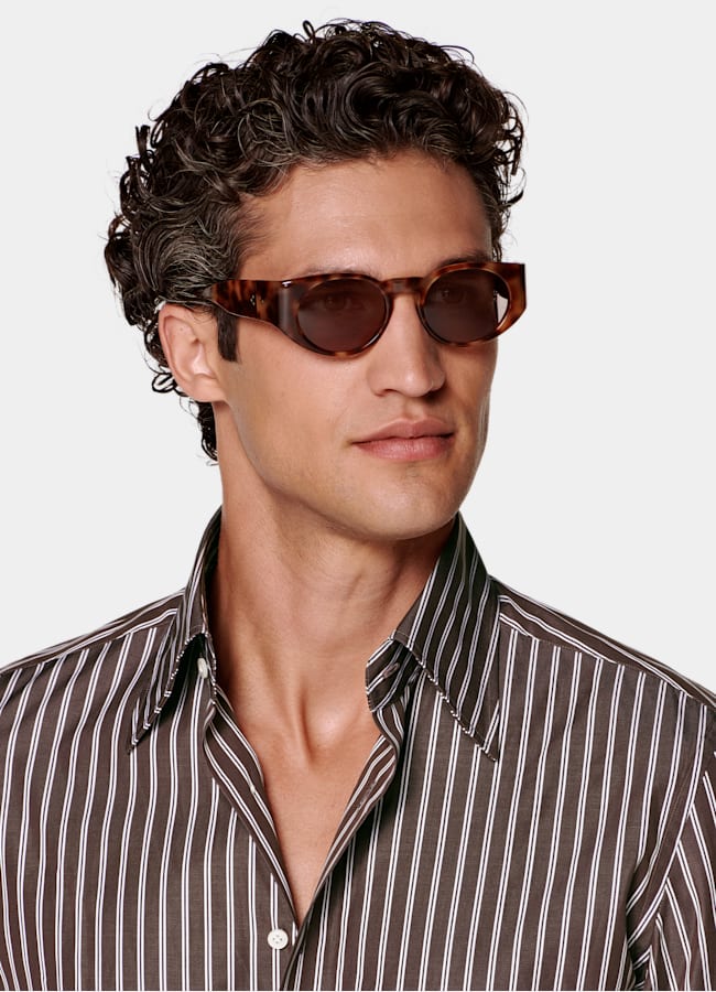 SUITSUPPLY Egyptian Cotton by Thomas Mason, Italy Brown Striped Point Collar Shirt