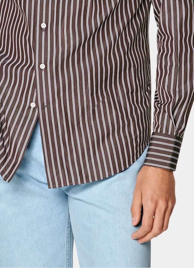 SUITSUPPLY Egyptian Cotton by Thomas Mason, Italy Brown Striped Point Collar Shirt