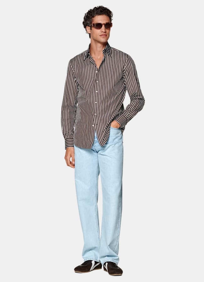 SUITSUPPLY Egyptian Cotton by Thomas Mason, Italy Brown Striped Point Collar Shirt