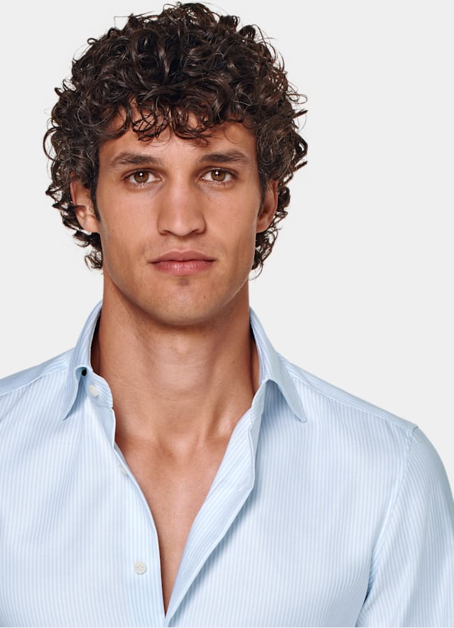 SUITSUPPLY Wrinkle-Free Pima Cotton by Weba, Switzerland Light Blue Striped Widespread Collar Shirt