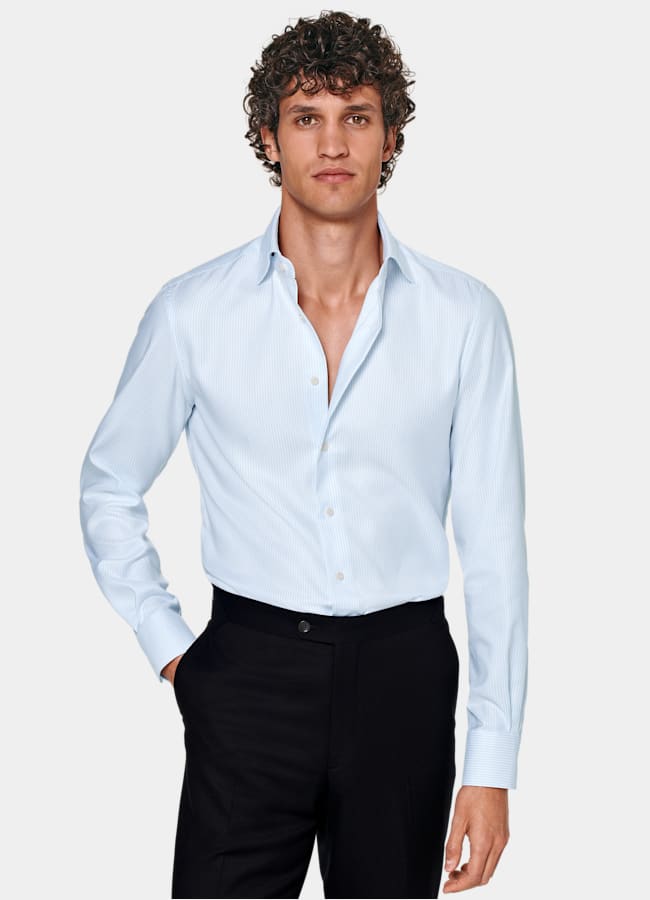 SUITSUPPLY Wrinkle-Free Pima Cotton by Weba, Switzerland Light Blue Striped Widespread Collar Shirt