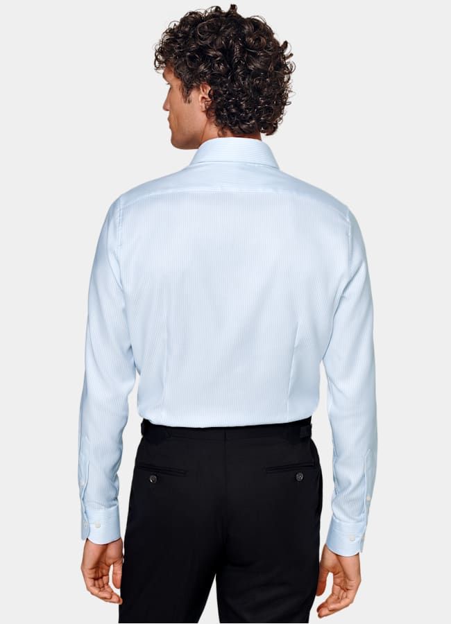 SUITSUPPLY Wrinkle-Free Pima Cotton by Weba, Switzerland Light Blue Striped Widespread Collar Shirt