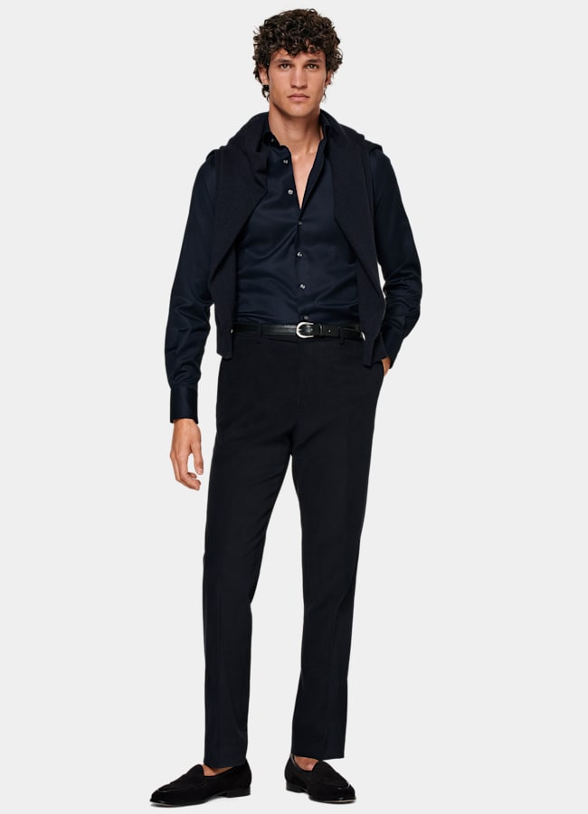 SUITSUPPLY Wrinkle-Free Pima Cotton Navy Widespread Collar Shirt