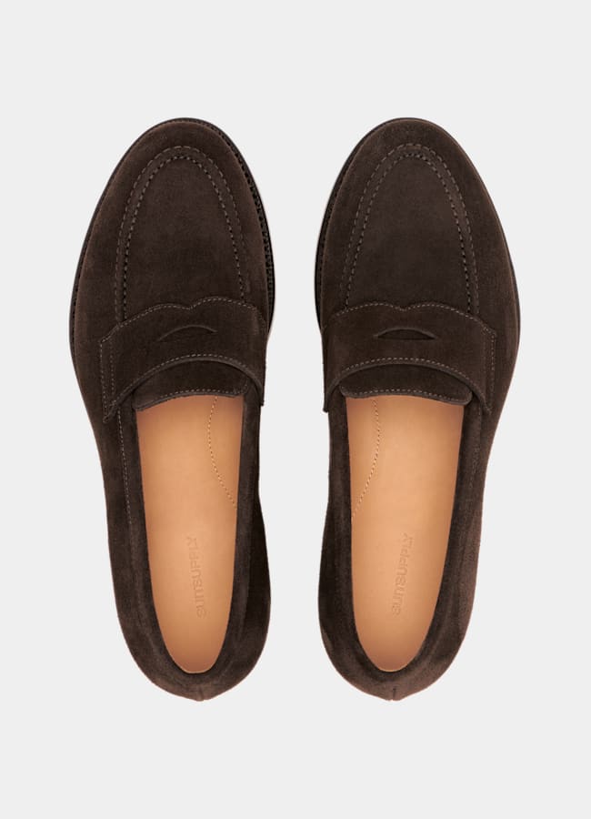 SUITSUPPLY Włoski zamsz cielęcy Mokasyny penny loafers ciemnobrązowe