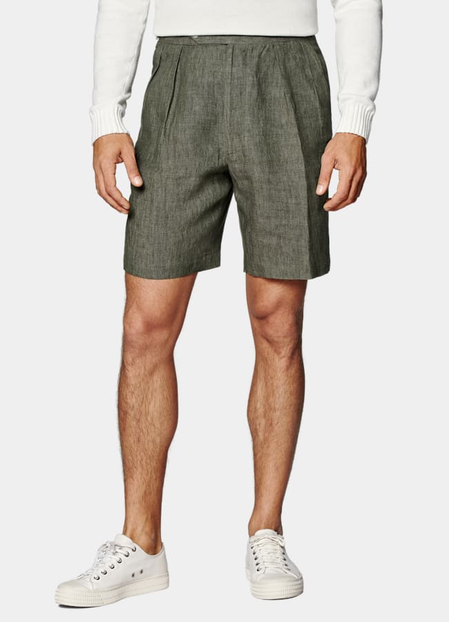 SUITSUPPLY Pure Linen by Leomaster, Italy Dark Green Straight Leg Shorts