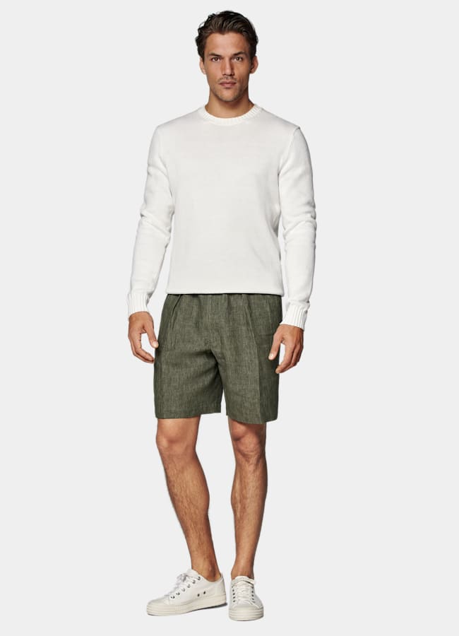 SUITSUPPLY Pure Linen by Leomaster, Italy Dark Green Straight Leg Shorts