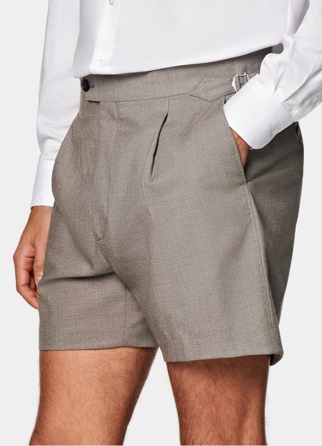 SUITSUPPLY Wrinkle-Free 4-Ply Wool by Rogna, Italy Taupe Straight Leg Shorts