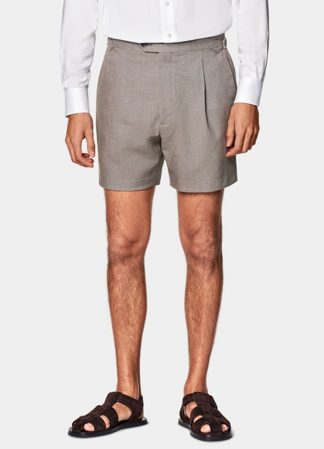 SUITSUPPLY Wrinkle-Free 4-Ply Wool by Rogna, Italy Taupe Straight Leg Shorts