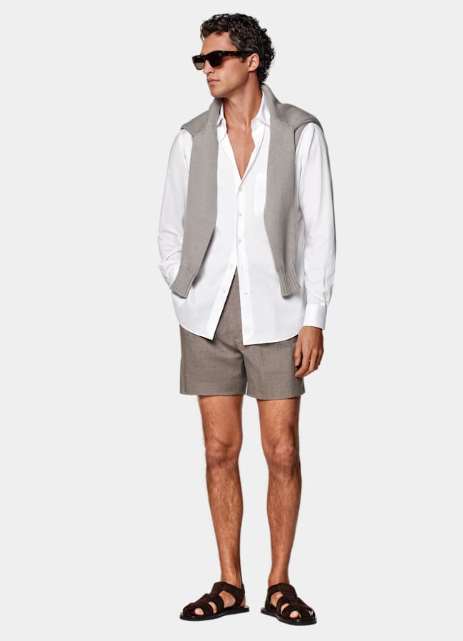 SUITSUPPLY Wrinkle-Free 4-Ply Wool by Rogna, Italy Taupe Straight Leg Shorts