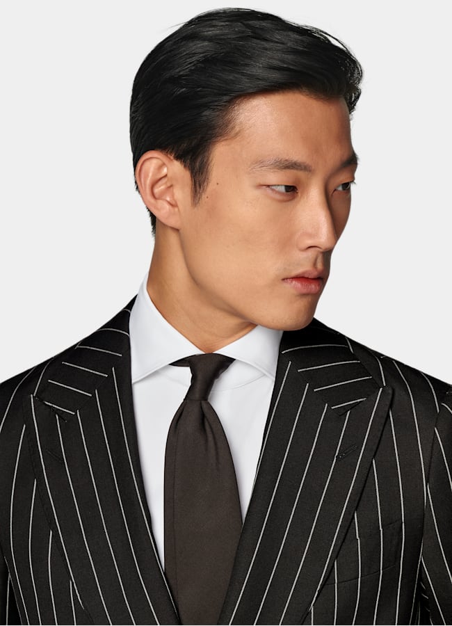 SUITSUPPLY Verano Lana, seda y lino de E.Thomas, Italia Traje Havana marrón oscuro a rayas corte Tailored